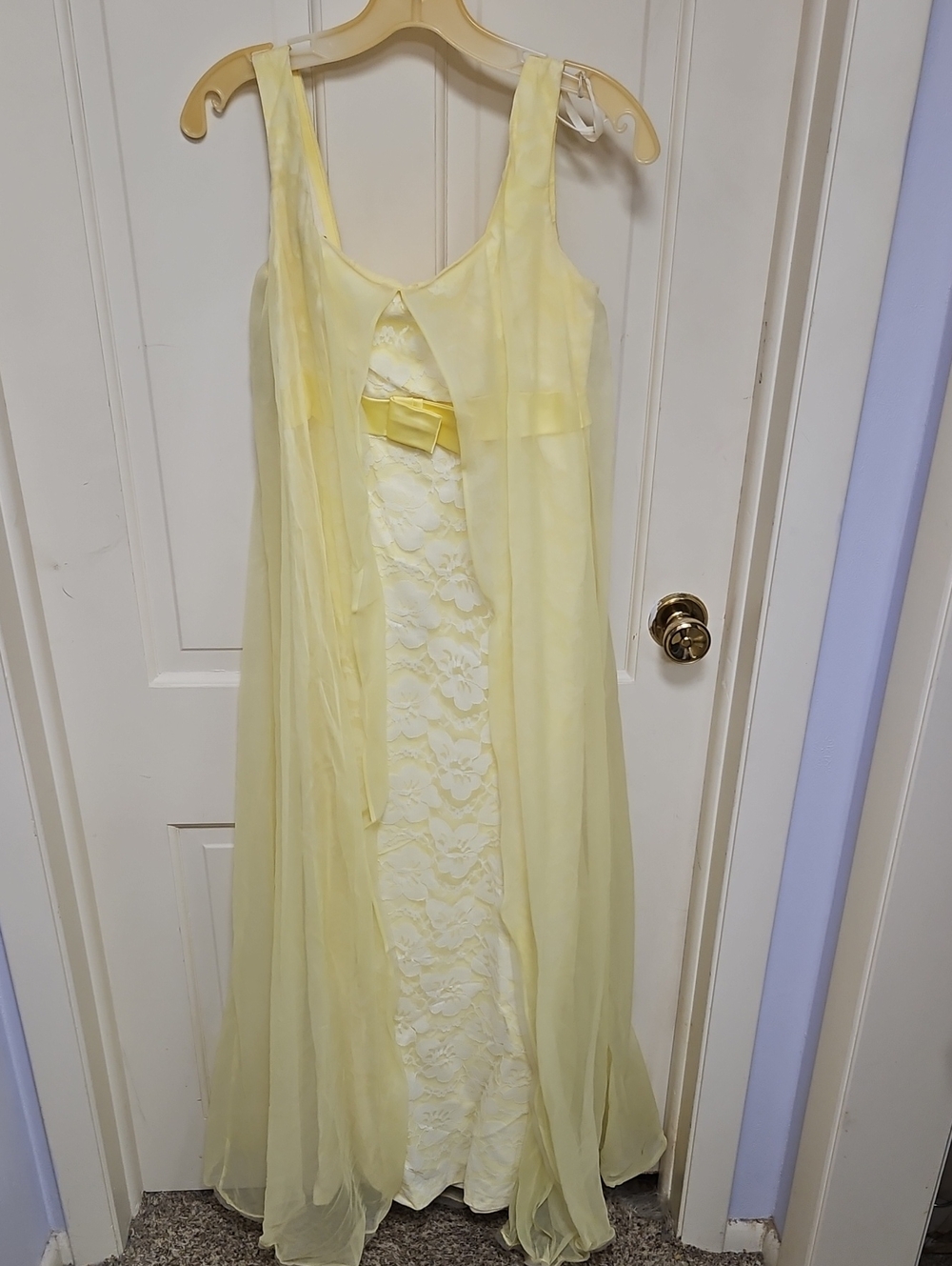 Vintage Rare 1960 Soft Yellow Lace Maxi Dress with Chiffon Overlay